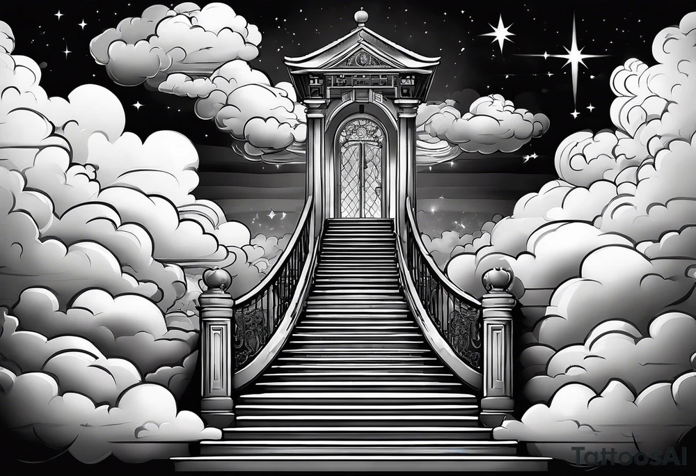Staircase that leads through the clouds to heaven and ends at the gates of heaven. At the end there is a bright light tattoo idea