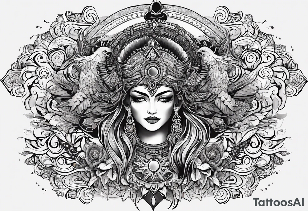 black kali, goddess pirate, alien, angel, pachamama, valkrye, warrior, flying, skull, lotus azul, wing, eagle, zenza resonance, stars, 5D, anahata chakra, death, durga, riding on a tiger, flying lady tattoo idea