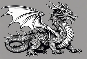 An ornate dragon breathing fire, with intricate scales and a fierce expression, symbolizing power and protection.” tattoo idea