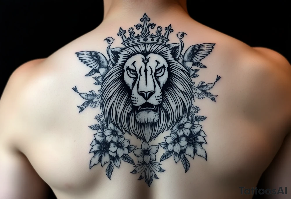 powerful majestic lion with a crown, surrounded by floral ornaments and birds tattoo idea