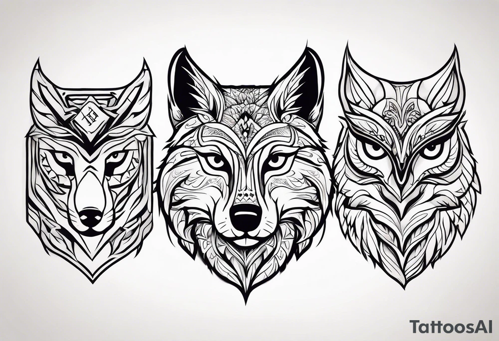 A Wolf as a father, an owl as the son and a lioness as the daughter. tattoo idea