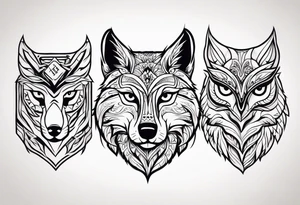 A Wolf as a father, an owl as the son and a lioness as the daughter. tattoo idea