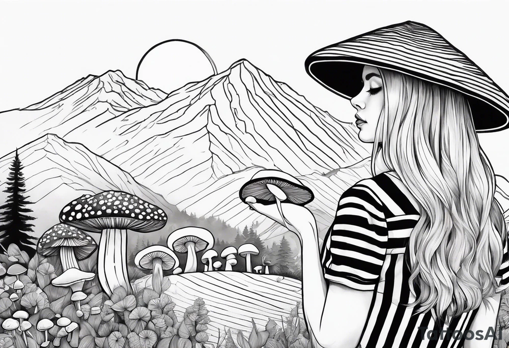 Straight blonde hair girl holding mushrooms in hand facing away toward mountains surrounded by mushrooms circular design black and white striped dress tattoo idea