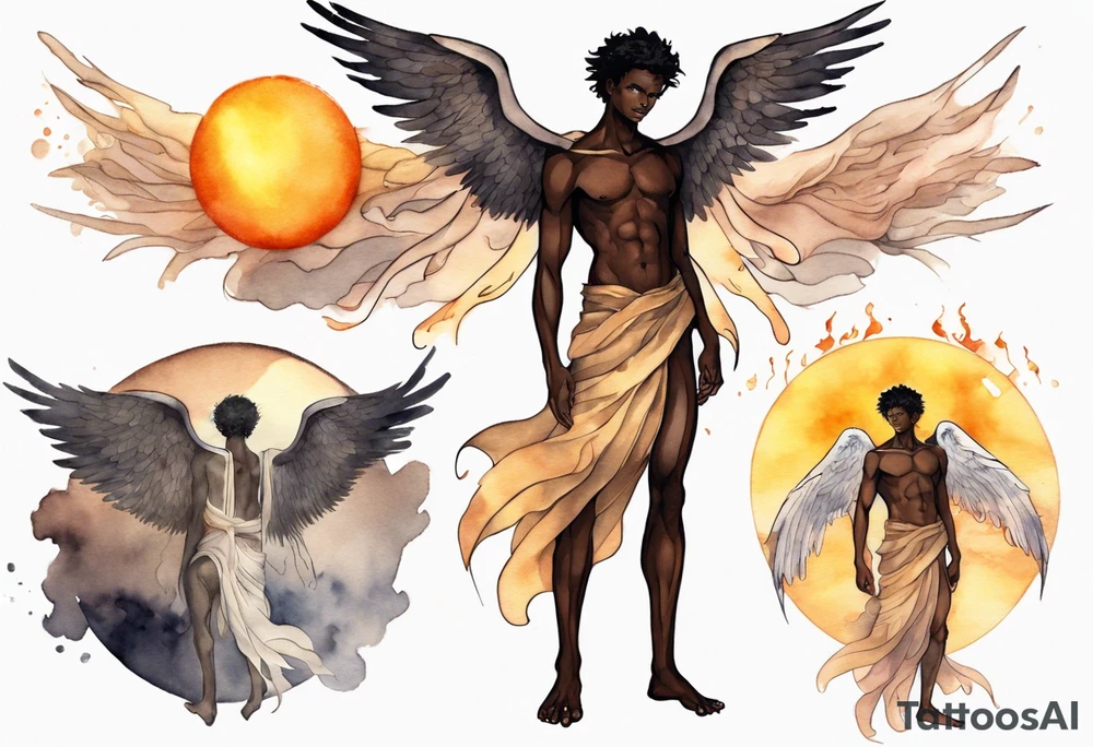 a solitary dark skinned male angel with glowing eyes standing upon the sun tattoo idea