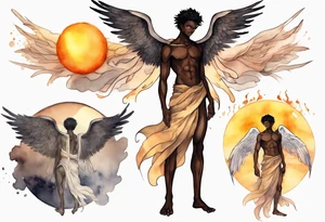 a solitary dark skinned male angel with glowing eyes standing upon the sun tattoo idea