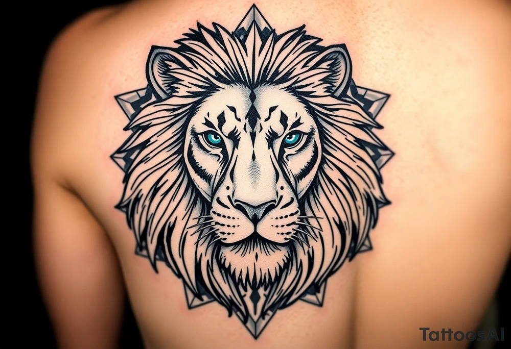 Half vertical Lions face with big flowy mane in a more realism style. Placement is on the back of the leg. The other half blends elements of curiosity and exploration through nature elements (forest, water, etc). Also add in geometric patterns around the lion. Make the eyes blue. Hide the date 03.12.2025 in Roman numerals somewhere in the geometric patterns. Think real hard and creatively tattoo idea
