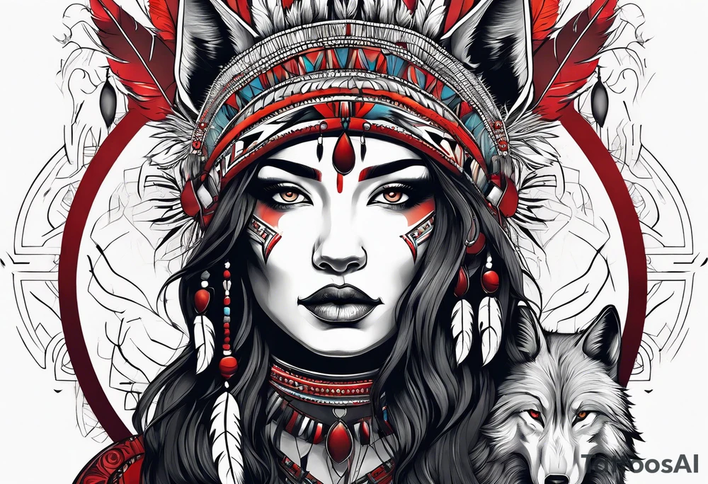 dark organic line artwork woman, native american, wolf, blood tattoo idea