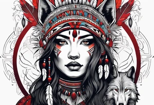 dark organic line artwork woman, native american, wolf, blood tattoo idea