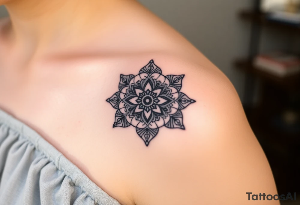 A detailed mandala style tattoo with a 5-petal Symbolic placement for each family member. Two bottom petals for my husband and I at the base, intertwined floral patterns like mirrored vines or spiral paisleys representing our identical twins, and another petal for my oldest son. Details like the Gemini zodiac symbol,  feminine-yet-bold linework, Detailed dotwork, linework, and geometric accents around each petal, Interconnected elements to reflect family unity tattoo idea