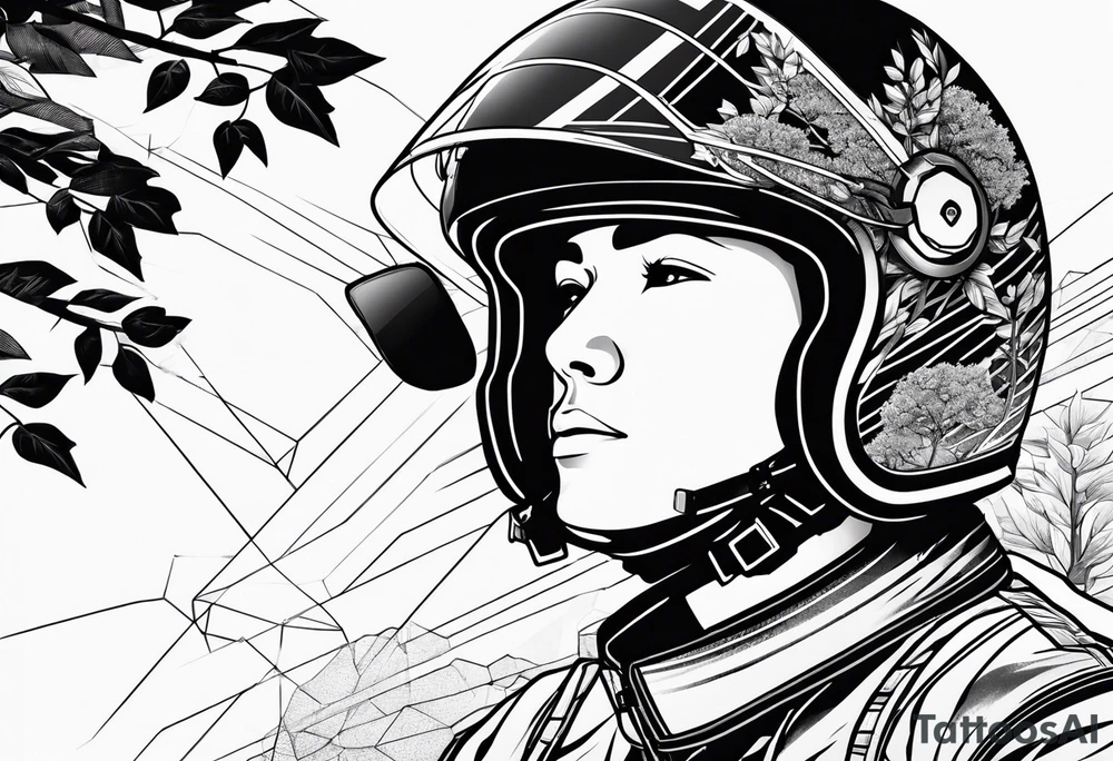 A far away racing driver with a helmet on and a japanese tree with geometric lines across tattoo idea