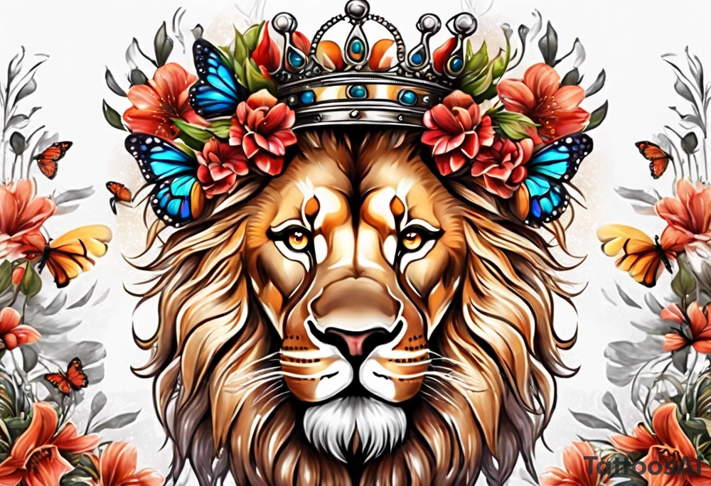 African lion covered in lilies butterflies crown main made of feathers tattoo idea