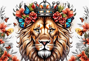 African lion covered in lilies butterflies crown main made of feathers tattoo idea