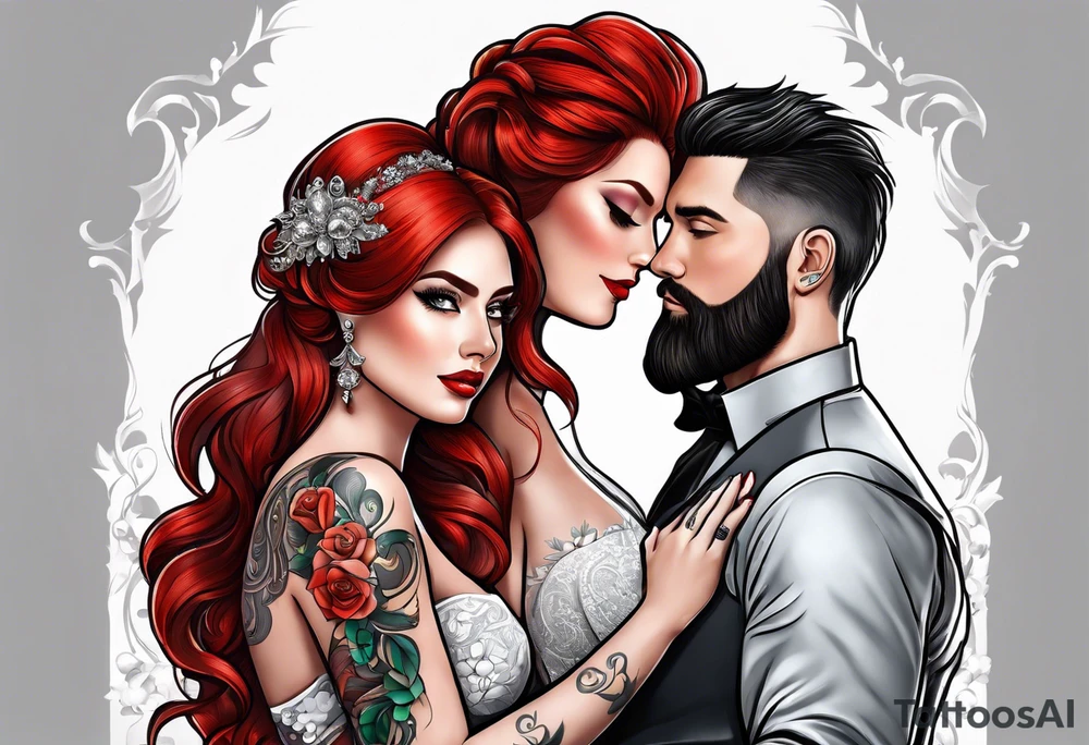 Busty red haired woman and a bearded man with black hair getting married tattoo idea