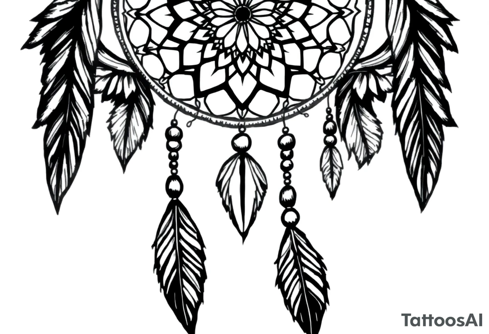 native dreamcatcher with flowing feathers and sacred beads tattoo idea