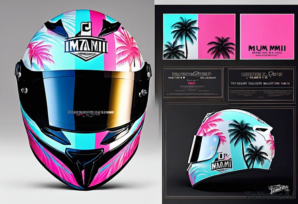 Formula 1 helment with the Miami name a palm tree and light blue black and pink colors 3/4 view tattoo idea