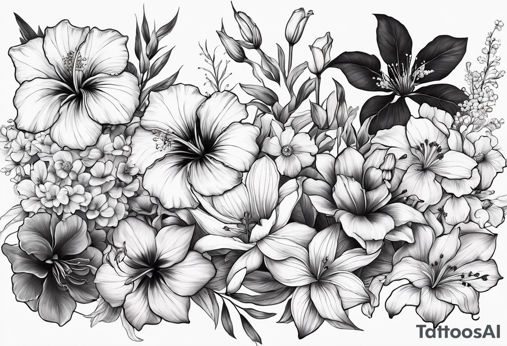 Verticle arm placement of dainty hibiscus, TULIPS, LILLIES, DRAGONflower, with wildflowers, poppy, complimentary flowers, bees, peony, forearm tattoo idea