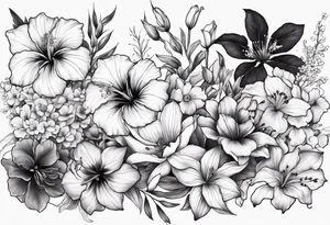 Verticle arm placement of dainty hibiscus, TULIPS, LILLIES, DRAGONflower, with wildflowers, poppy, complimentary flowers, bees, peony, forearm tattoo idea