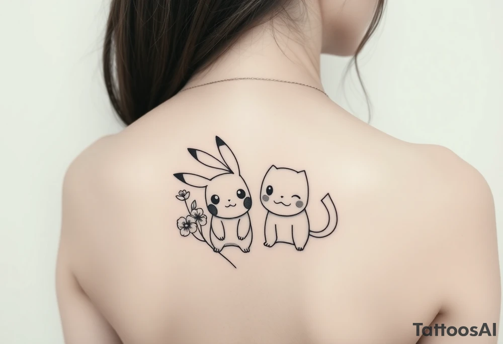 Thin outline of daffodil flowers, narcissist flowers, a cute Pikachu and a cute Bulbasaur together tattoo idea