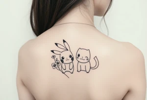 Thin outline of daffodil flowers, narcissist flowers, a cute Pikachu and a cute Bulbasaur together tattoo idea