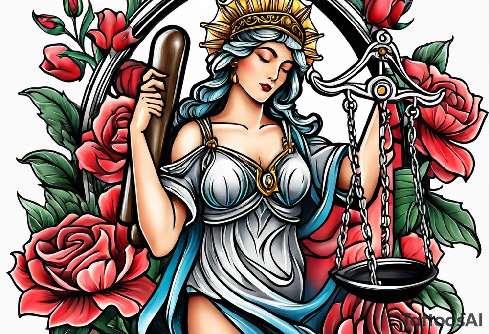 lady justice and flowers tattoo idea