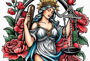 lady justice and flowers tattoo idea