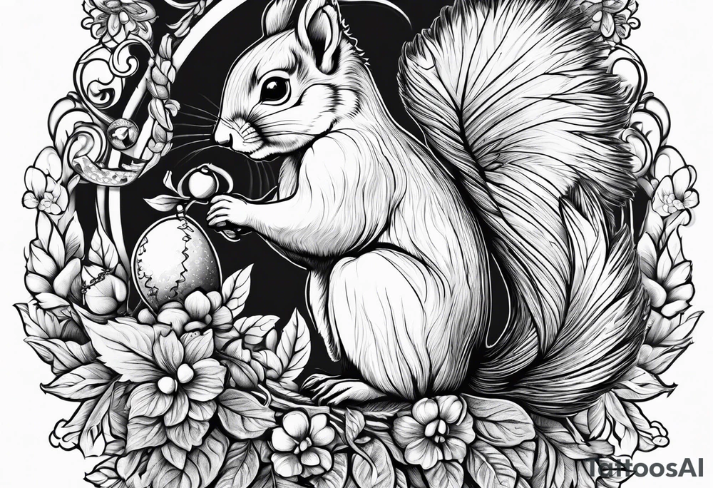 Squirrel with angel wings holding an acorn tattoo idea