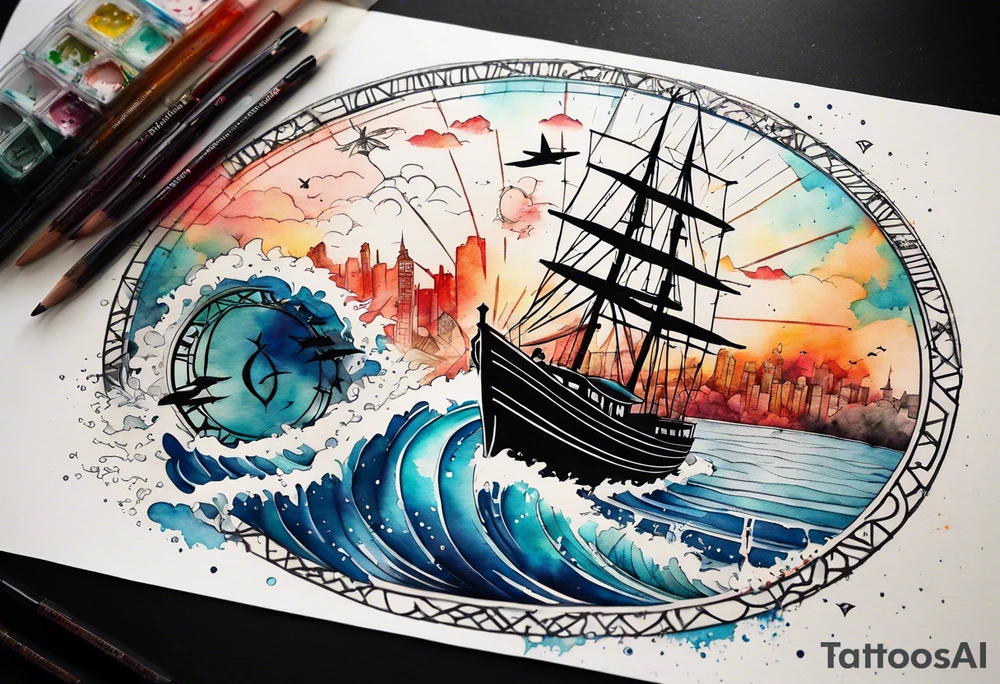 Travel themed for thigh, compass rose overlaid with a landmarks in and around it, spilled watercolor and tiny jet plane silhouette and a tiny speed boat in the water tattoo idea