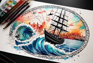 Travel themed for thigh, compass rose overlaid with a landmarks in and around it, spilled watercolor and tiny jet plane silhouette and a tiny speed boat in the water tattoo idea