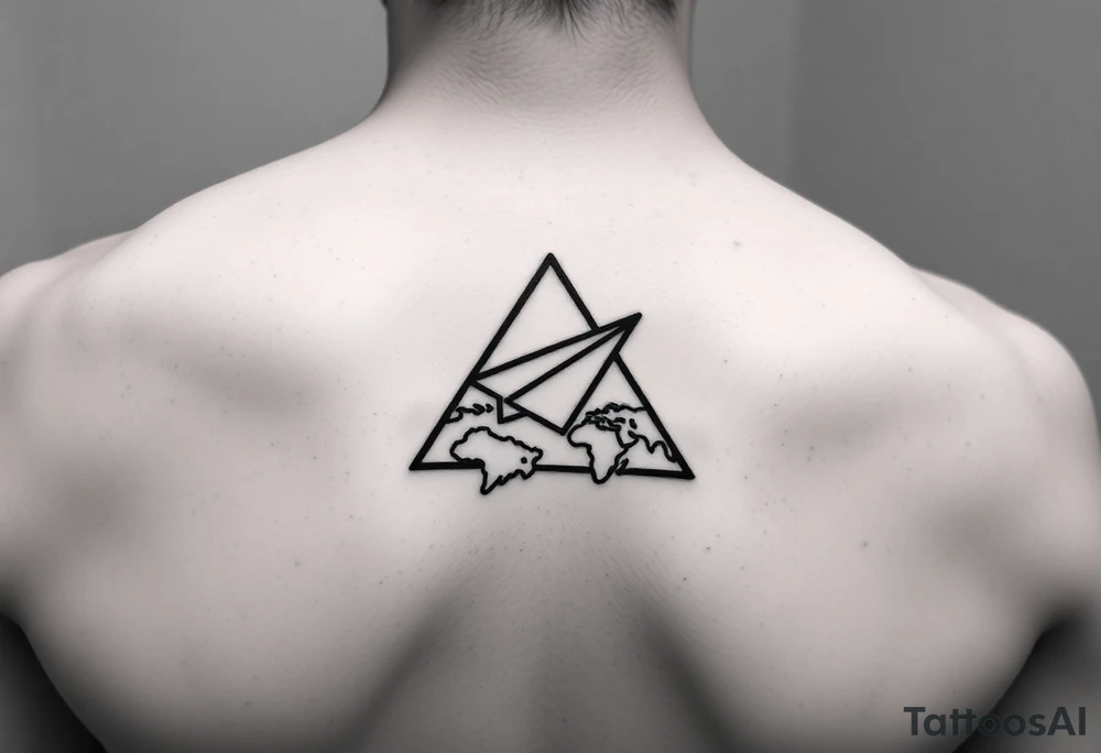 Small geometric triangle with a geometric paper plane flying around the world with fine thin lines tattoo idea