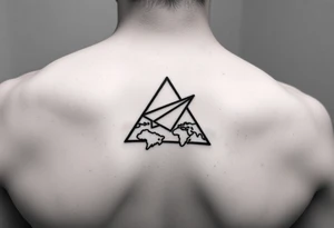 Small geometric triangle with a geometric paper plane flying around the world with fine thin lines tattoo idea
