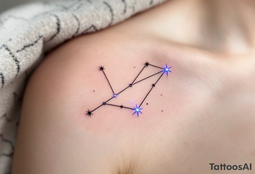 A minimalist Sagittarius constellation tattoo, with thin, fine lines connecting the bright stars. The stars are dotted with a subtle blue glow. The tattoo can have a faint purple watercolor wash around the lines to give it a celestial vibe, with the stars representing the Sagittarian quest for wisdom and truth. tattoo idea