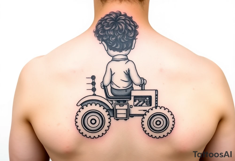 Realistic minimalist back view of curly headed toddler son riding a toy tractor with a geometric frame tattoo idea