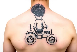 Realistic minimalist back view of curly headed toddler son riding a toy tractor with a geometric frame tattoo idea