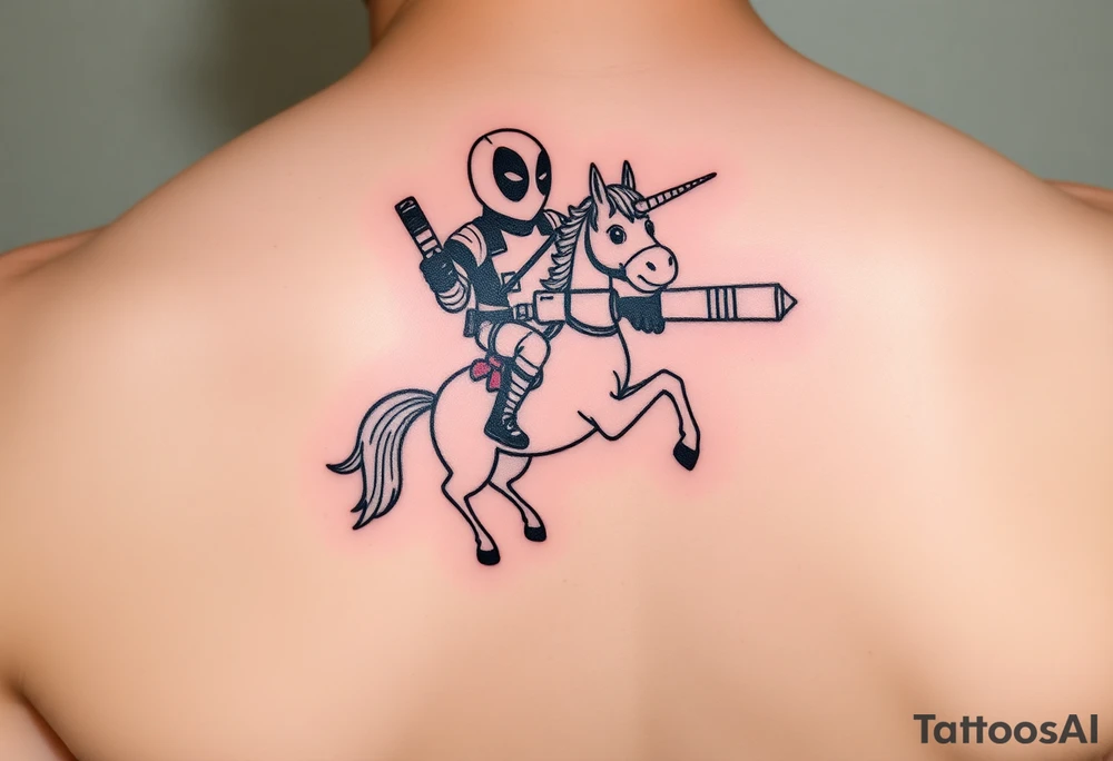 Deadpool riding unicorn pointing rocket propelled grenade launcher tattoo idea