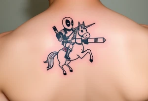 Deadpool riding unicorn pointing rocket propelled grenade launcher tattoo idea