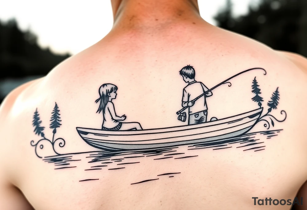 Dad fishing with 3 kids 
1girl and 2 sons
With lake boat tattoo idea