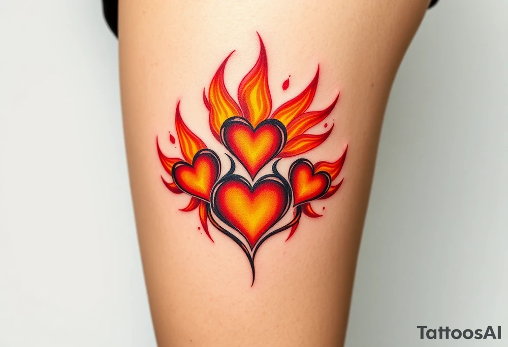 A fiery bird paw print with hearts engulfed in flames, using shades of red, orange, and yellow, symbolizing passion and energy tattoo idea