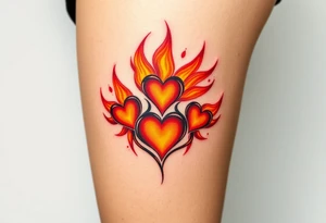 A fiery bird paw print with hearts engulfed in flames, using shades of red, orange, and yellow, symbolizing passion and energy tattoo idea