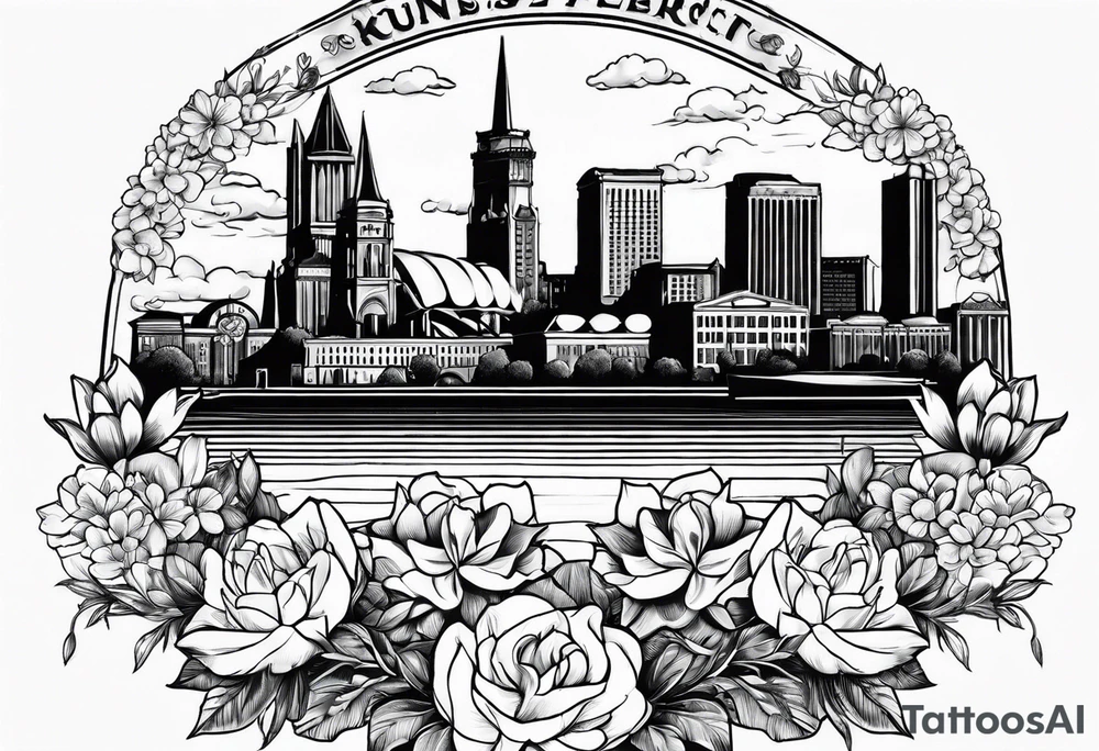 saint louis city skyline over a banner surrounded by flowers tattoo idea