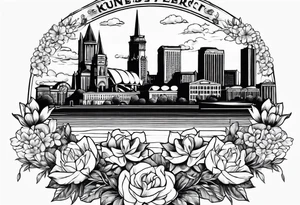 saint louis city skyline over a banner surrounded by flowers tattoo idea