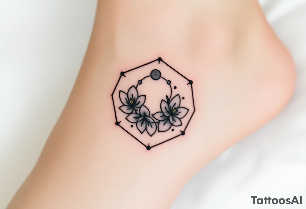 Hexagon with a Leo constellation, larkspur and water lilies in the center tattoo idea