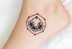 Hexagon with a Leo constellation, larkspur and water lilies in the center tattoo idea