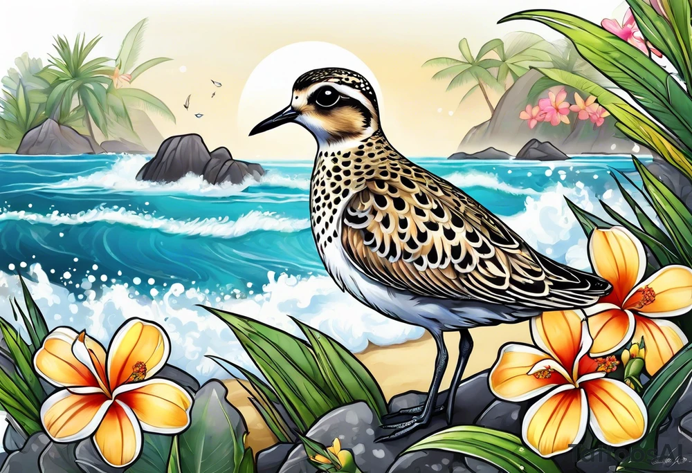 Pacific golden plover with Hawaiian flowers tattoo idea