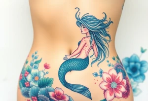 ethereal mermaid with flowing hair among coral and sea flowers tattoo idea