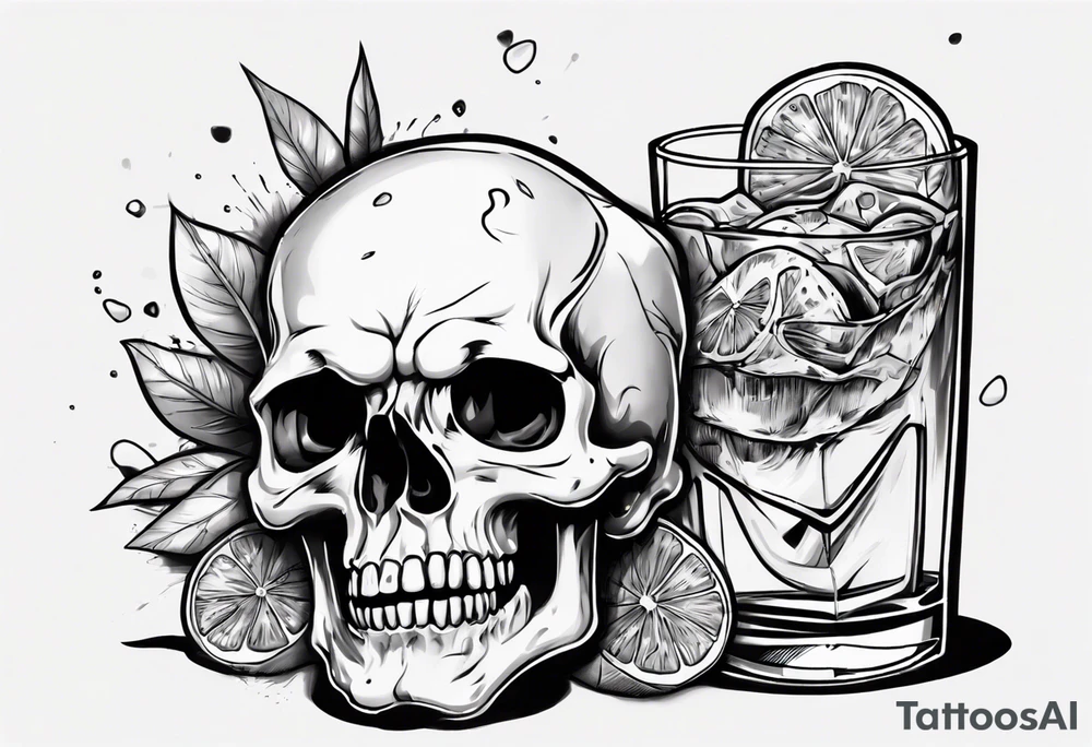 A happy, looking to the left scull inside the glass with alcohol and piece of lime tattoo idea