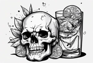 A happy, looking to the left scull inside the glass with alcohol and piece of lime tattoo idea