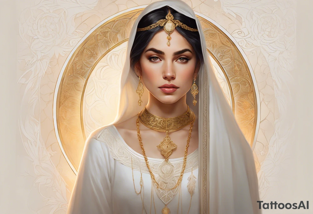 A serene and elegant portrait of a woman with a calm and angelic expression, wearing a delicate white veil, gold jewelry with intricate designs, and a pendant with a religious icon. The lighting is soft and warm, creating a painterly and ethereal effect, reminiscent of classical art holding a lamp in her hand tattoo idea