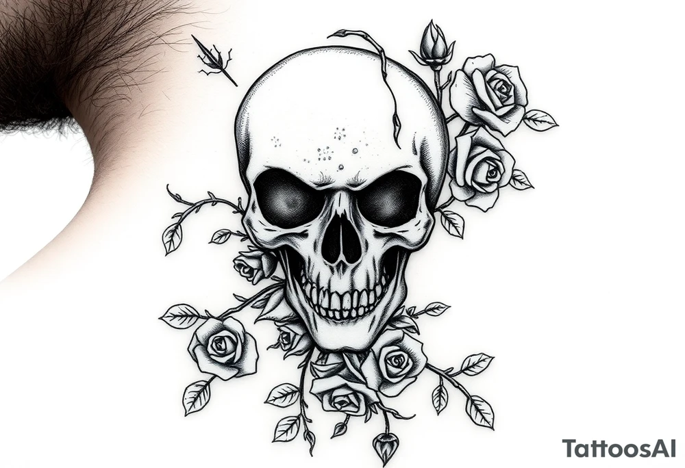 gothic skull intertwined with climbing roses and thorny vines tattoo idea