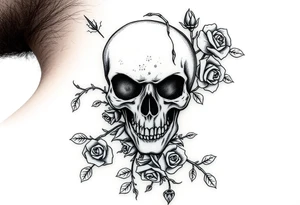 gothic skull intertwined with climbing roses and thorny vines tattoo idea