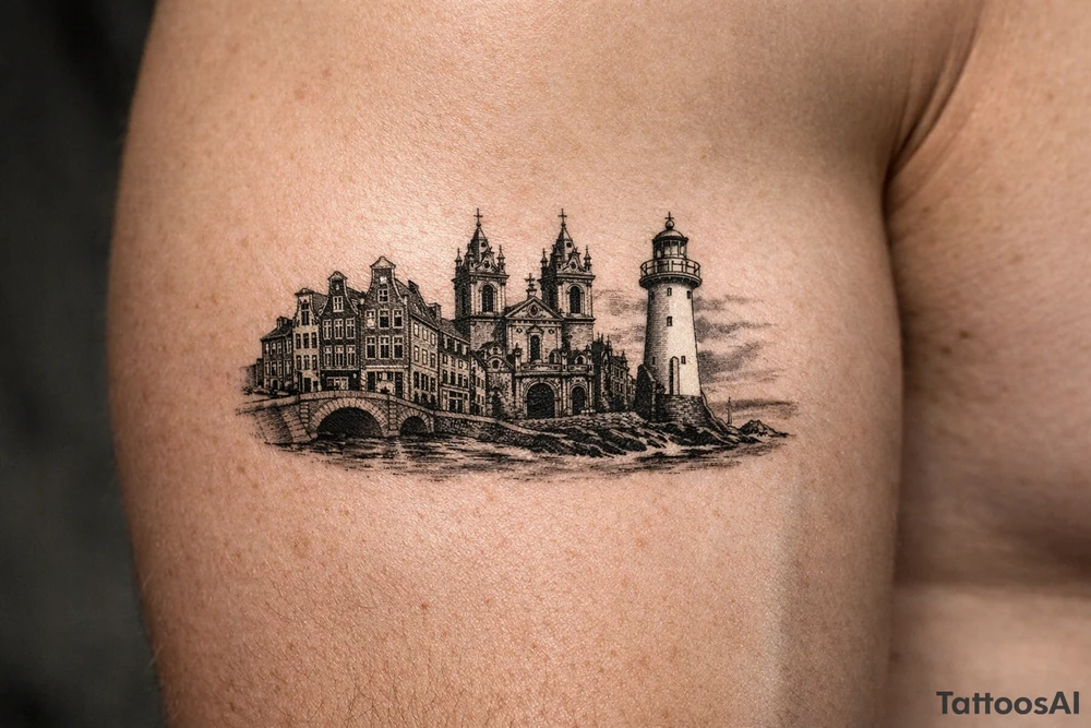 Cityscape silhouette of Amsterdam canal houses and Braga cathedral, with New Brighton lighthouse. tattoo idea